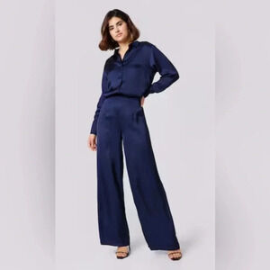 Guido Maria Kretschmer Satin High Waisted Wide Leg Navy Blue  Pants Size US 12